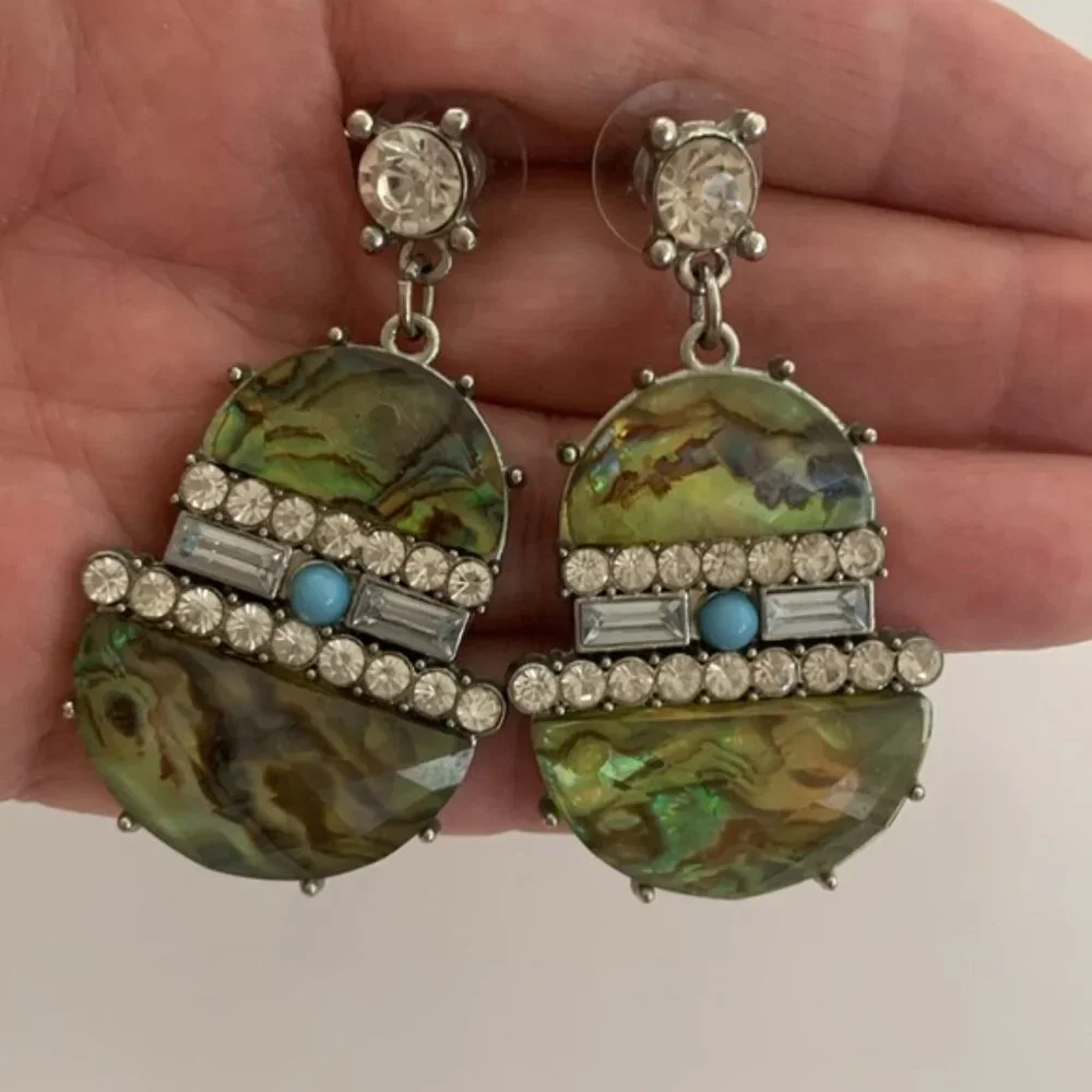 Turquoise color earrings w Rhinestones VTG Jangle earrings post back 2in long